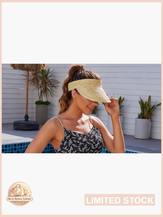 Straw Sun Visor Hat Handwoven UPF 50+ Packable Beach Visor Adjustable Elastic main image 5